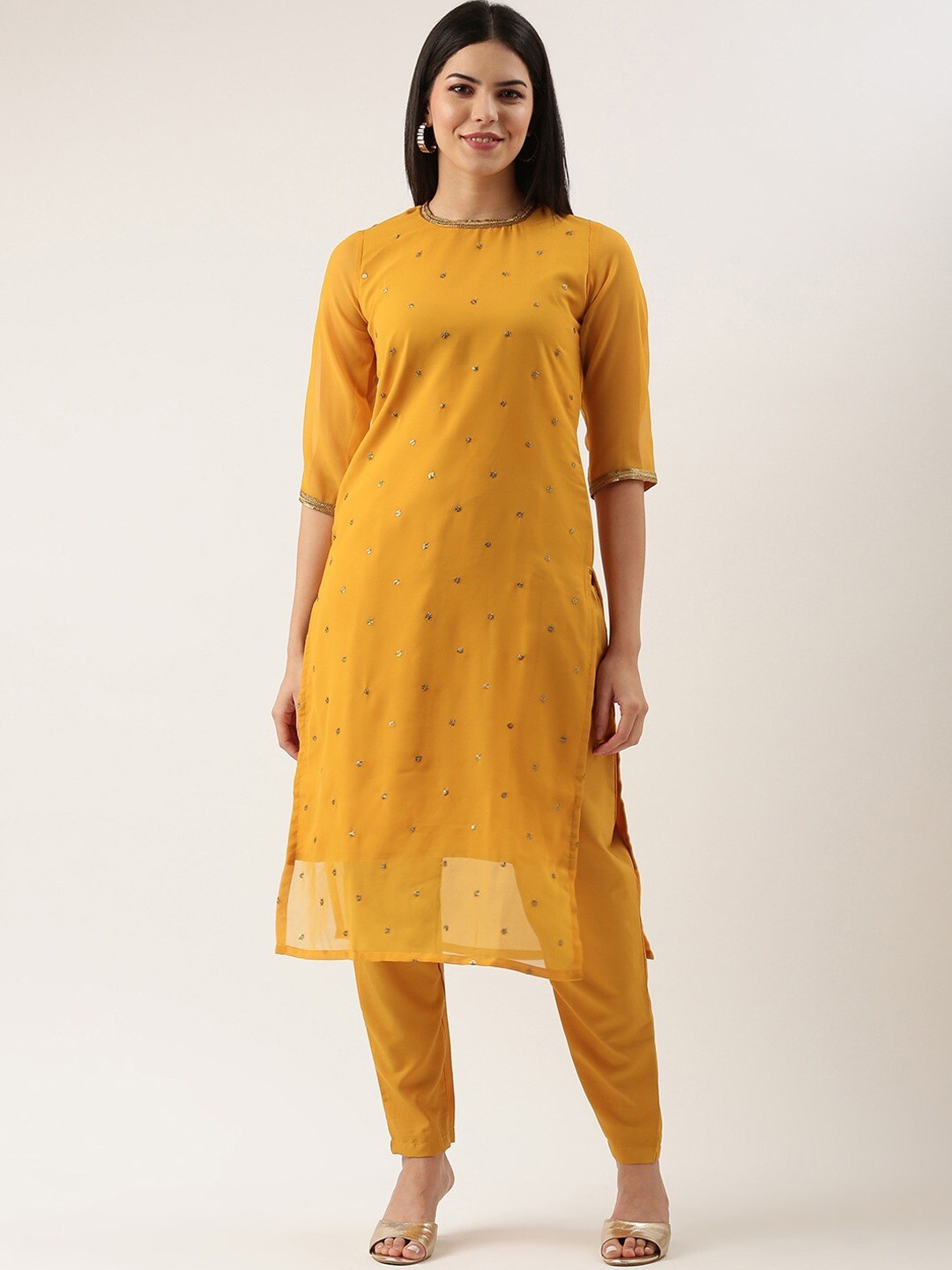 

KALINI Ethnic Motifs Embroidered Regular Sequinned Kurta with Trousers, Yellow