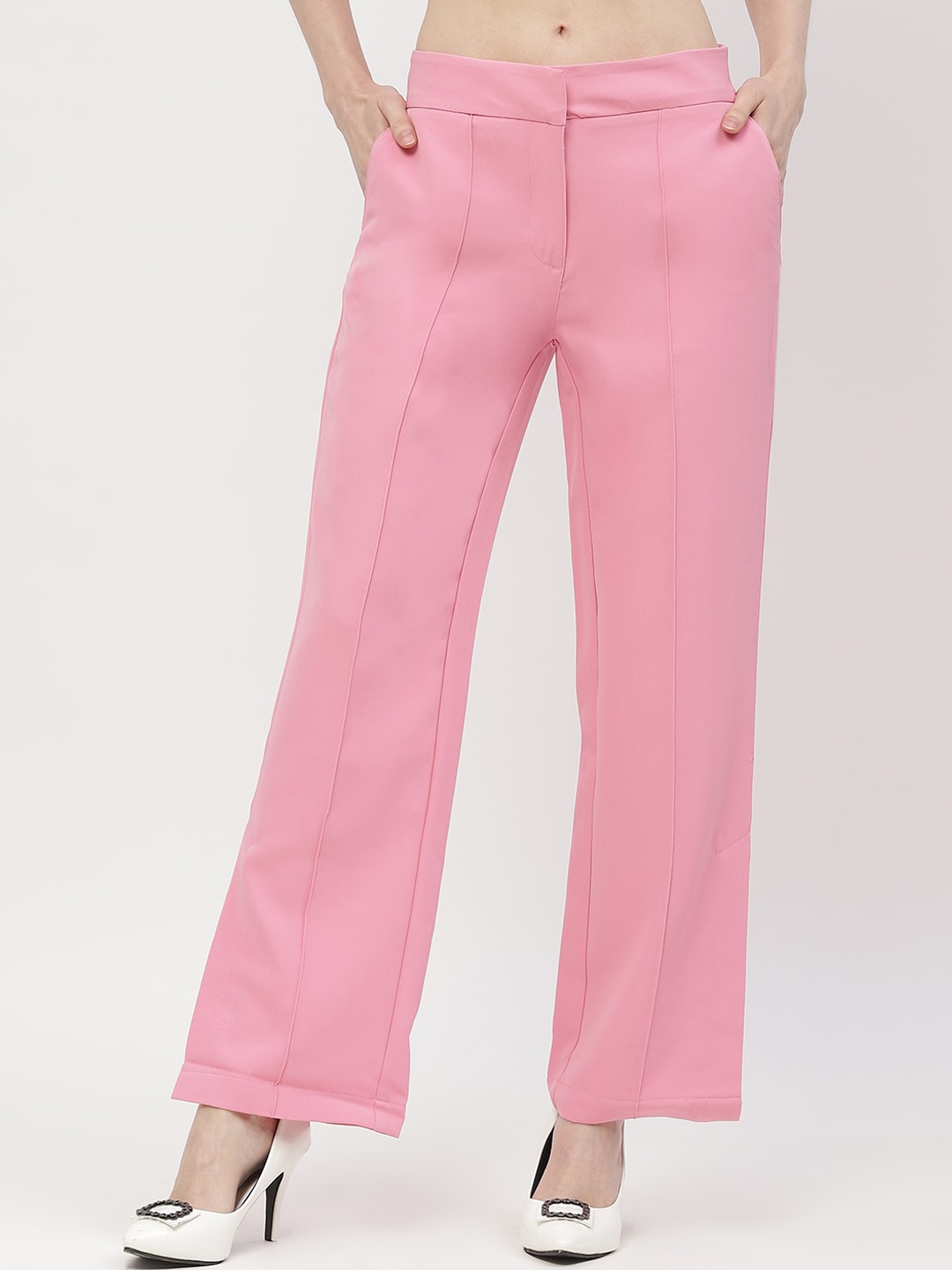 

Madame Women Regular Fit Mid-Rise Parallel Trousers, Pink