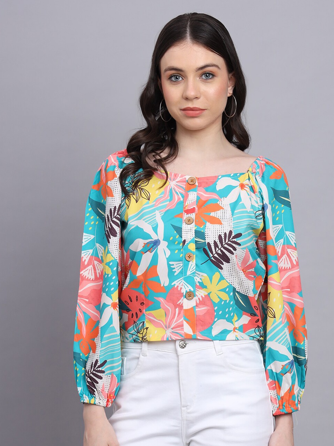 

Kiwie Floral Print Square Neck Cuffed Sleeves Crepe Crop Blouson Top, Blue
