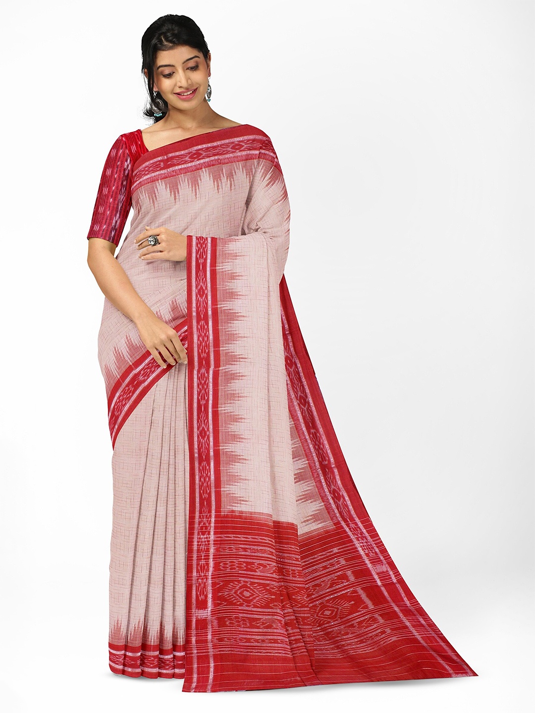 

Weaves of Tradition Woven Design Ikat Printed Pure Cotton Saree, Off white