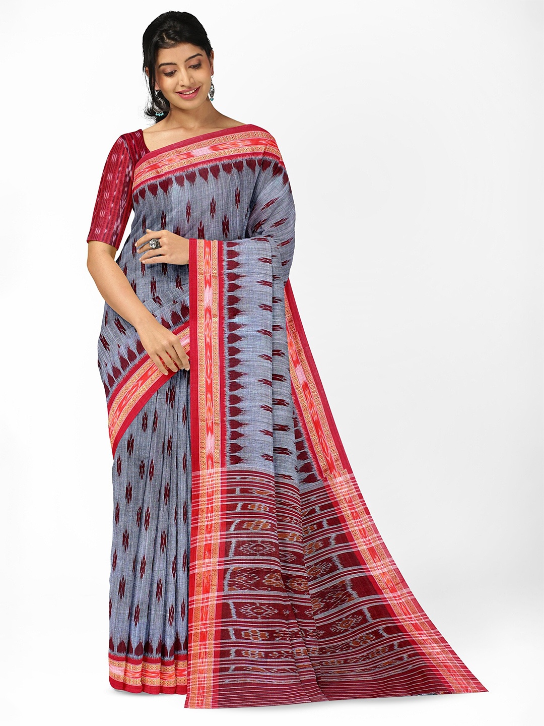 

Weaves of Tradition Woven Design Pure Cotton Ikat Saree, Grey