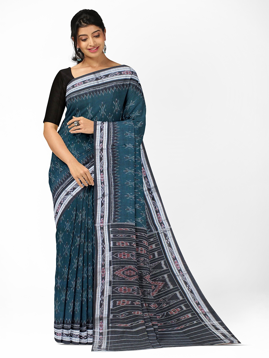 

Weaves of Tradition Woven Design Pure Cotton Ikat Saree, Green