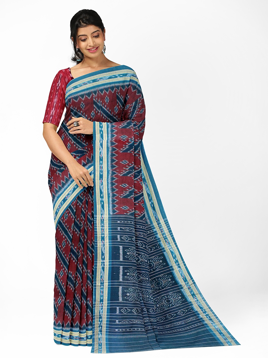 

Weaves of Tradition Woven Design Pure Cotton Ikat Saree, Maroon