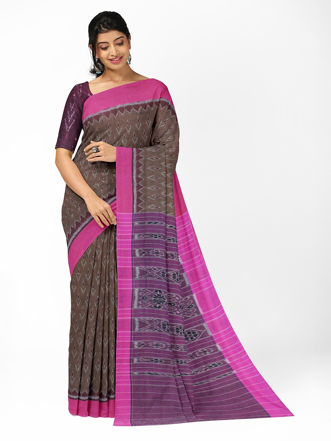 

Weaves of Tradition Woven Design Ikat Printed Pure Cotton Saree, Brown