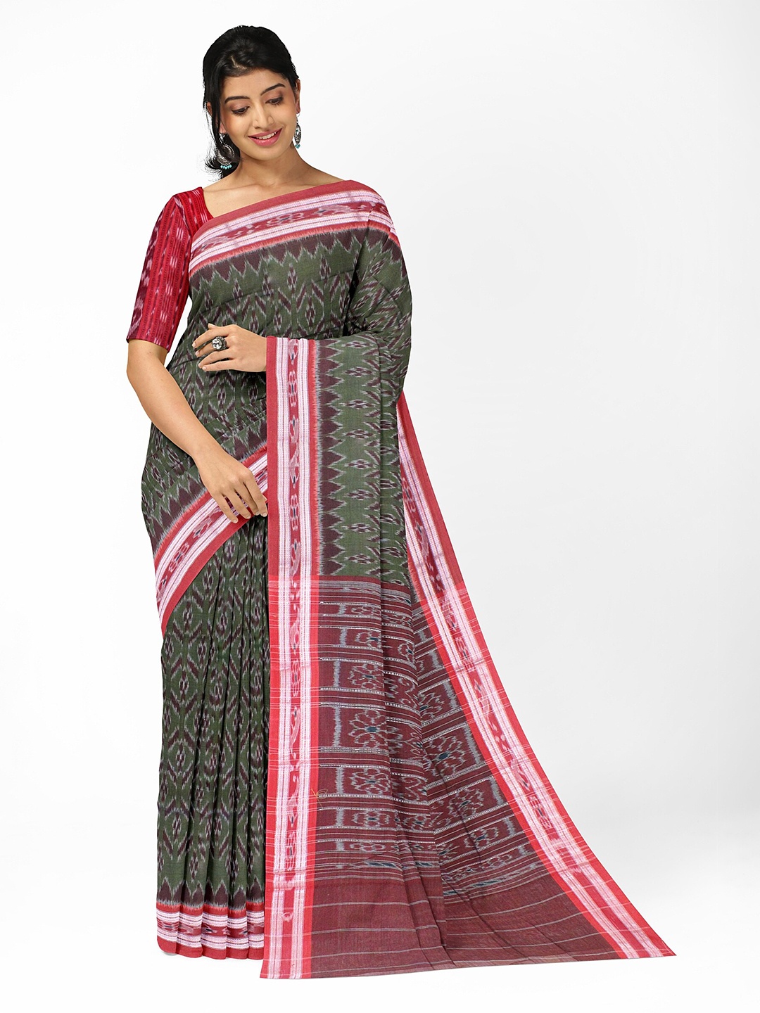 

Weaves of Tradition Woven Design Ikat Printed Pure Cotton Saree, Green