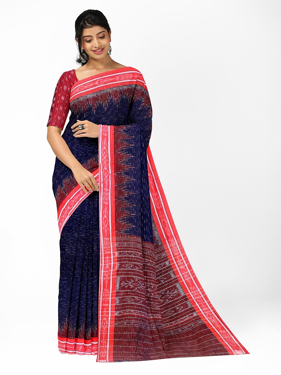 

Weaves of Tradition Woven Design Ikat Printed Pure Cotton Saree, Blue