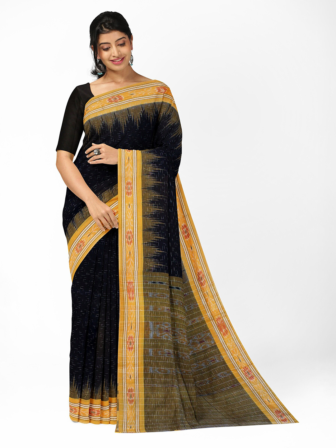 

Weaves of Tradition Woven Design Pure Cotton Ikat Saree, Black