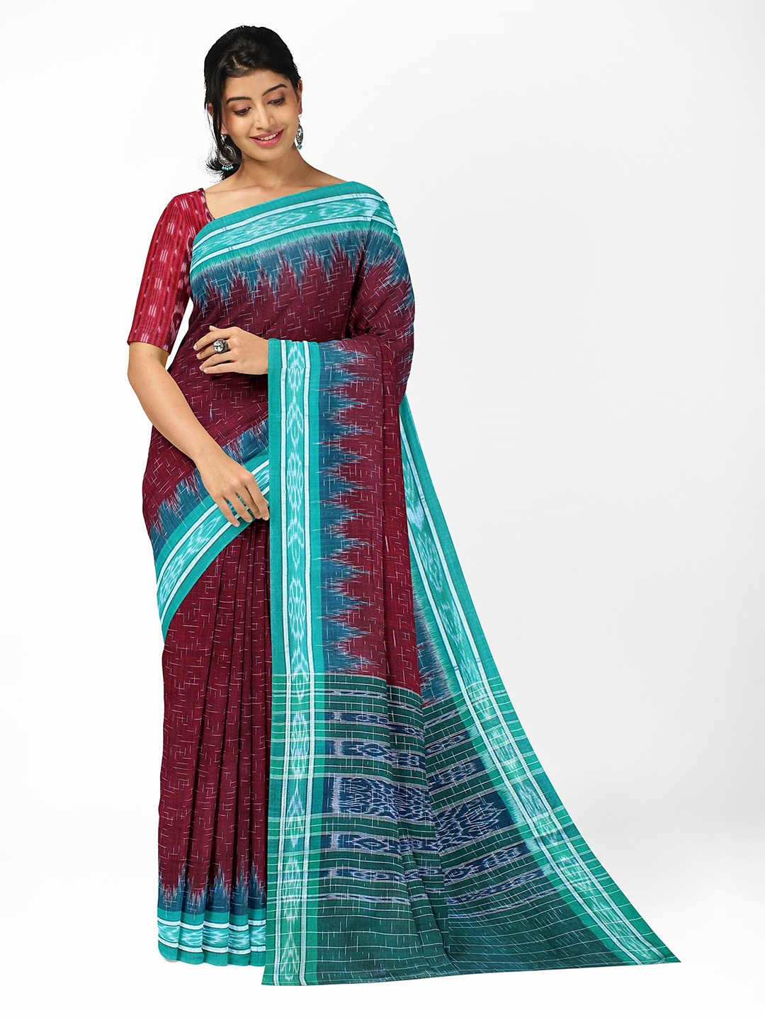 

Weaves of Tradition Woven Design Ikat Printed Pure Cotton Saree, Maroon