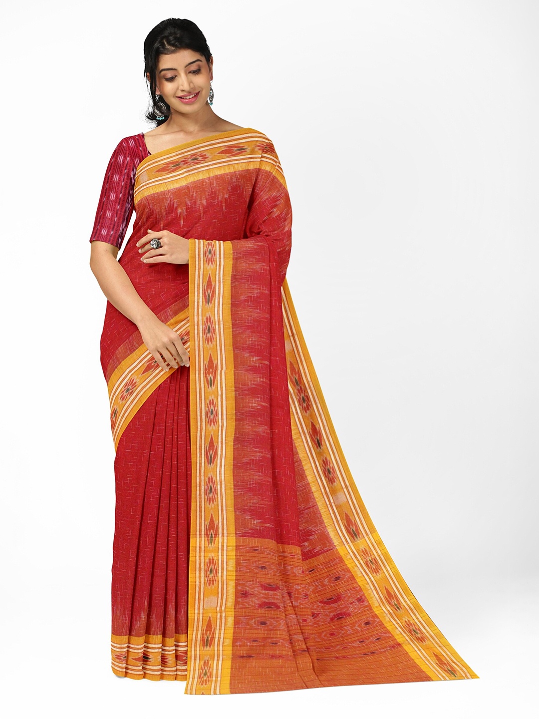 

Weaves of Tradition Woven Design Ikat Printed Pure Cotton Saree, Red