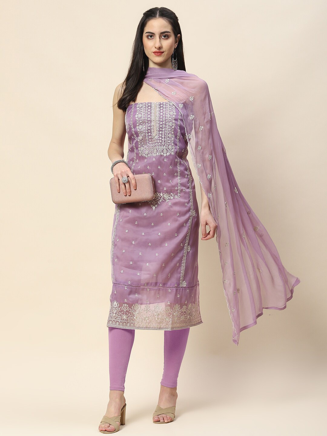 

Meena Bazaar Floral Embroidered Unstitched Dress Material, Lavender