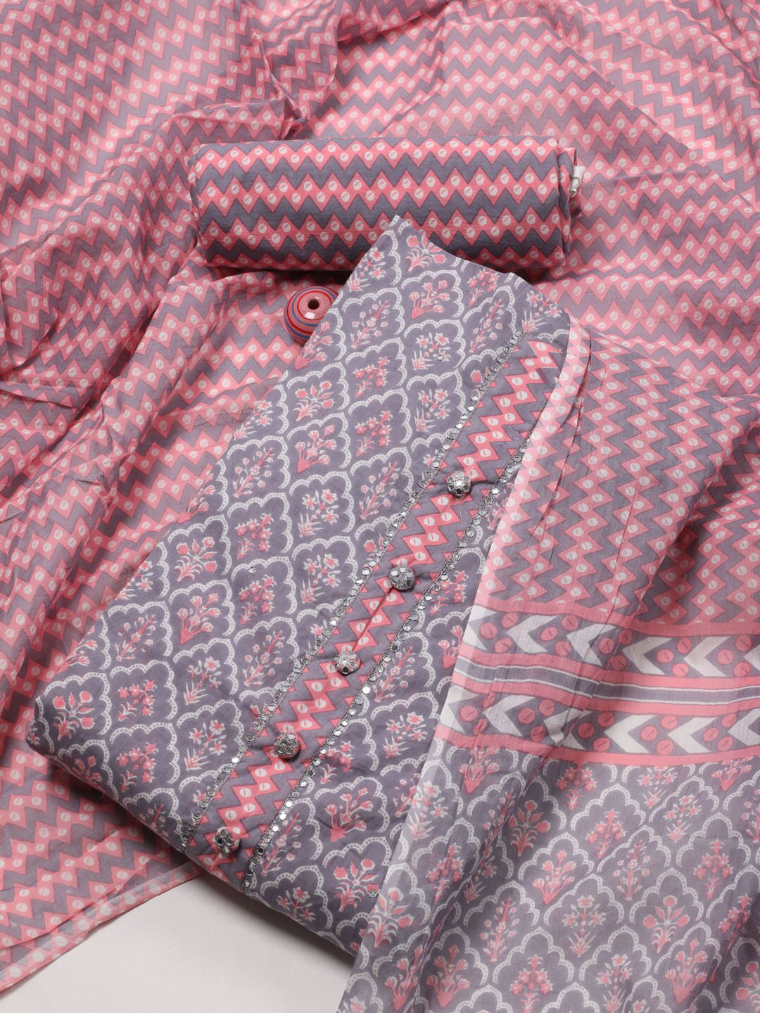 

Meena Bazaar Ethnic Motifs Printed Mirror Work Unstitched Dress Material, Grey