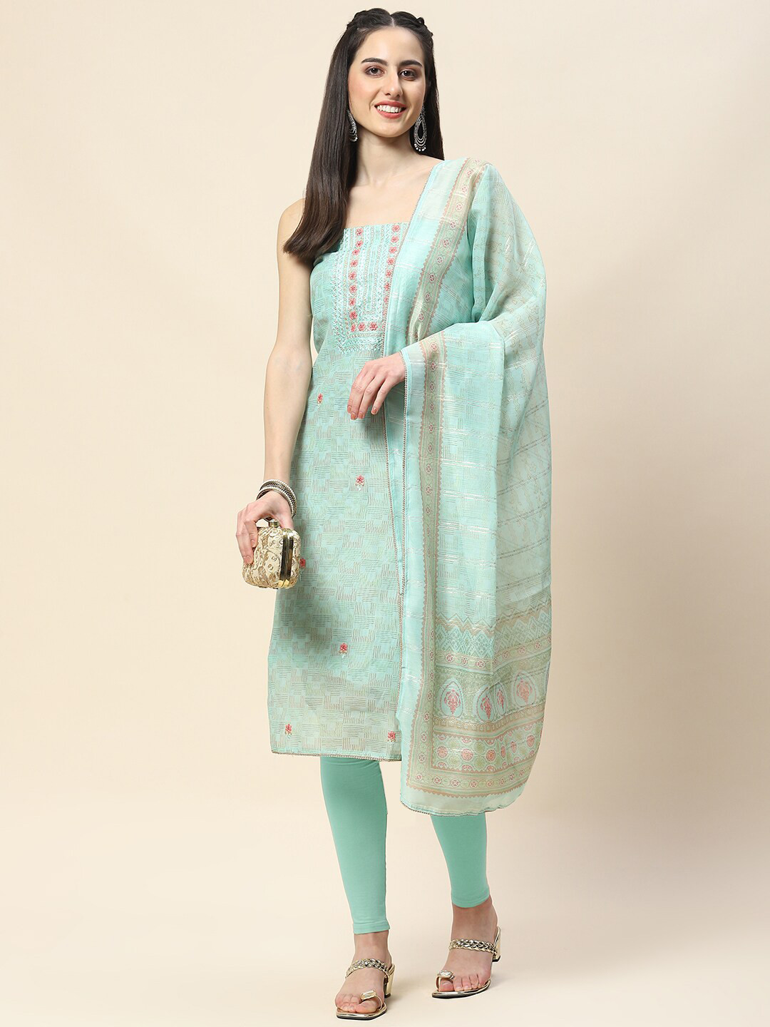

Meena Bazaar Geometric Printed Sequinned Unstitched Dress Material, Sea green