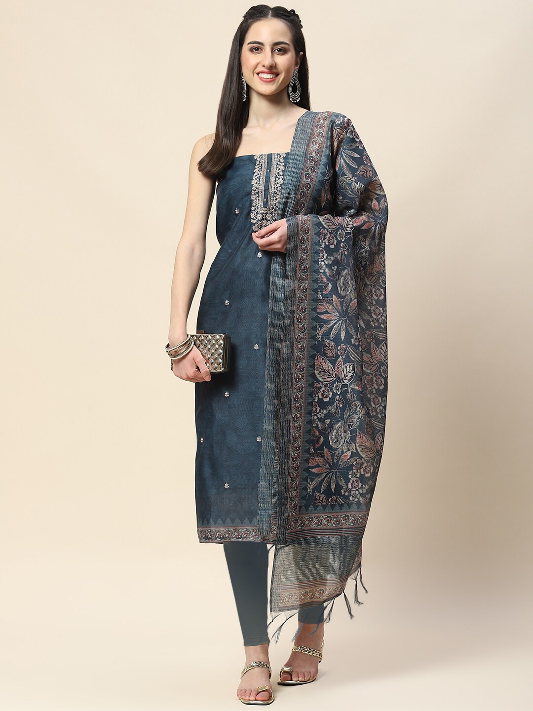 

Meena Bazaar Ethnic Motifs Embroidered Unstitched Dress Material, Green