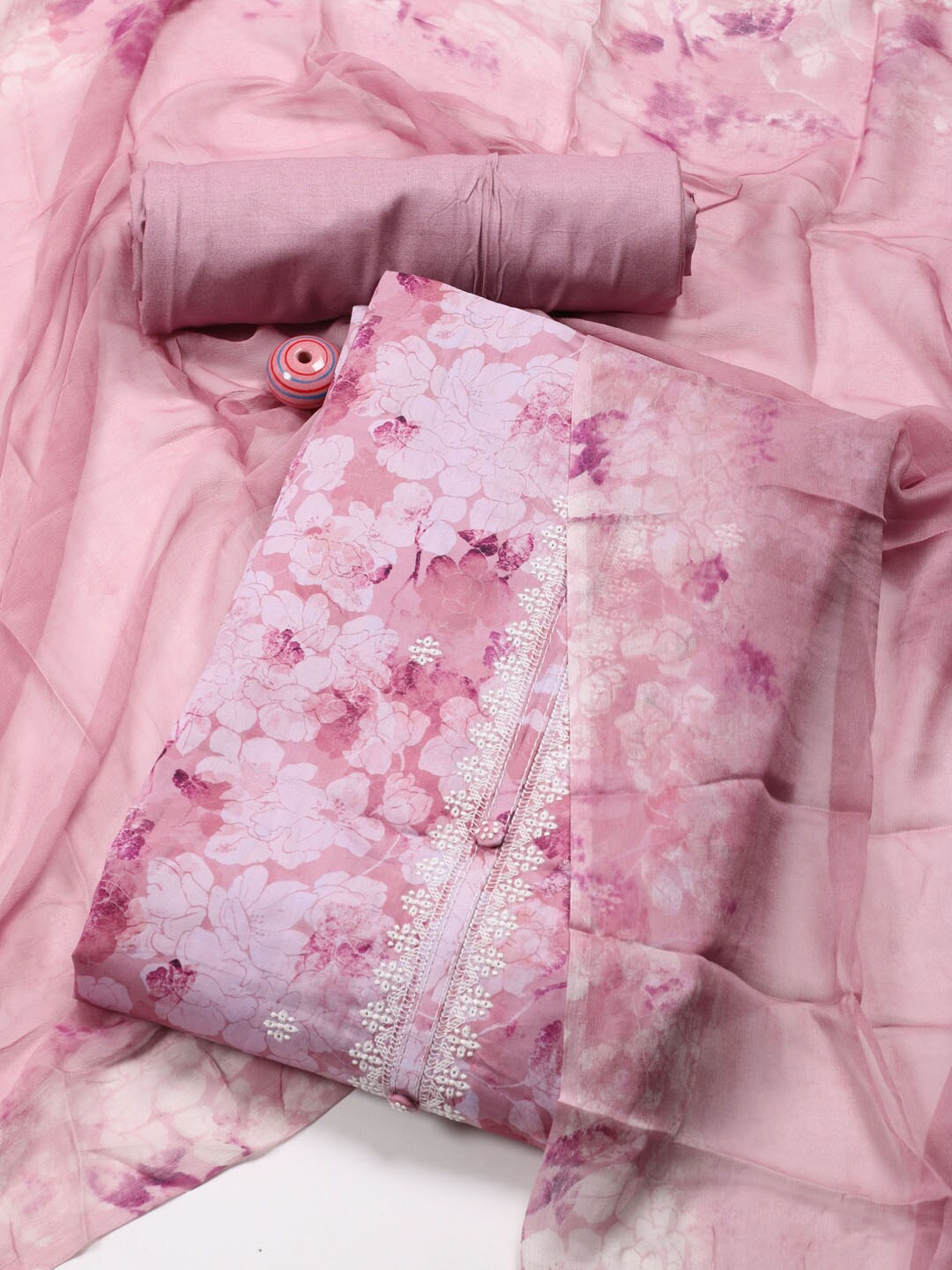 

Meena Bazaar Floral Printed Unstitched Dress Material, Pink