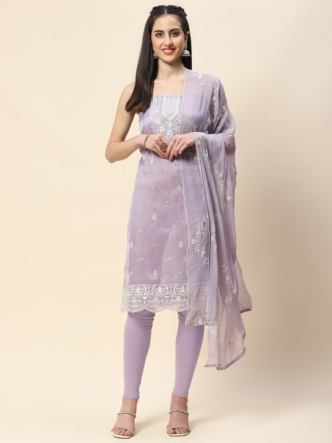 

Meena Bazaar Ethnic Motifs Embroidered Unstitched Dress Material, Purple