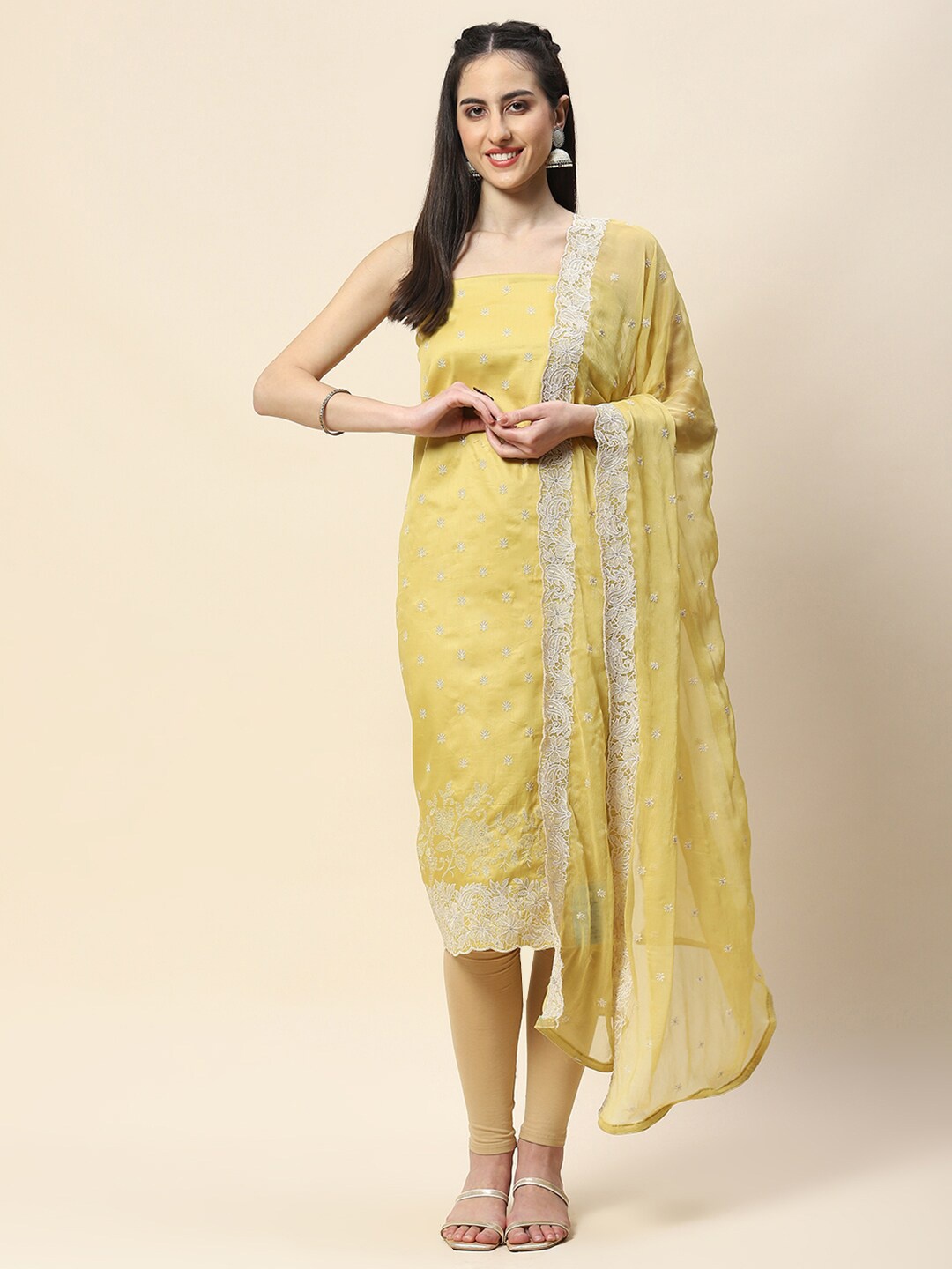 

Meena Bazaar Floral Embroidered Unstitched Dress Material, Yellow