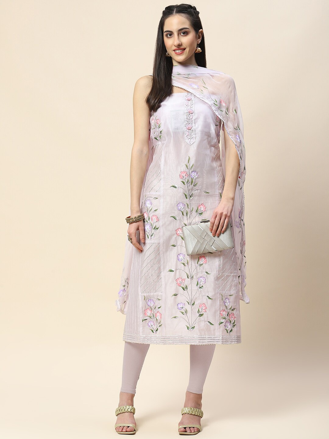 

Meena Bazaar Floral Printed Beads & Stones Art Silk Unstitched Dress Material, Purple