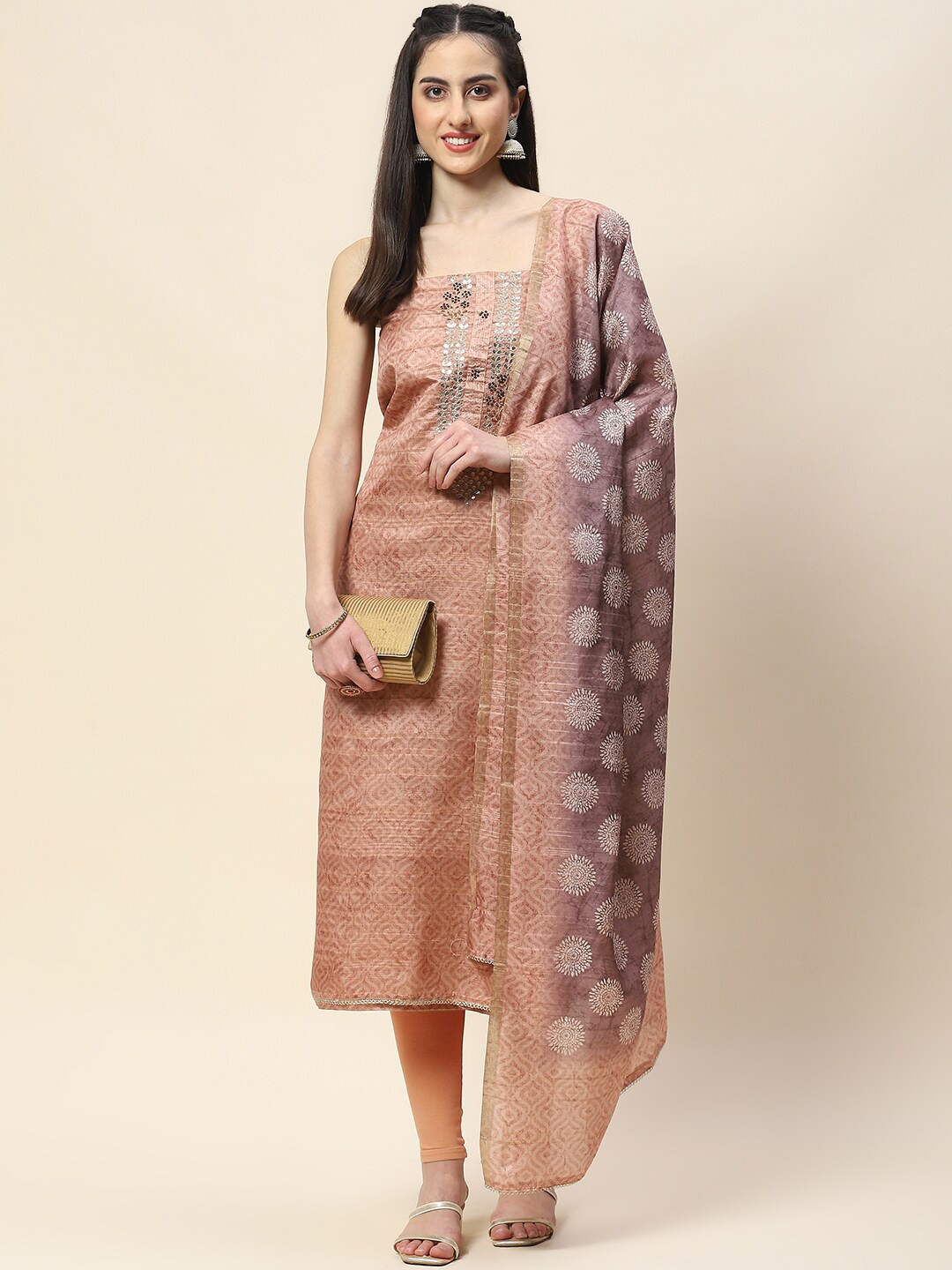 

Meena Bazaar Ethnic Motifs Printed Sequinned Unstitched Dress Material, Peach