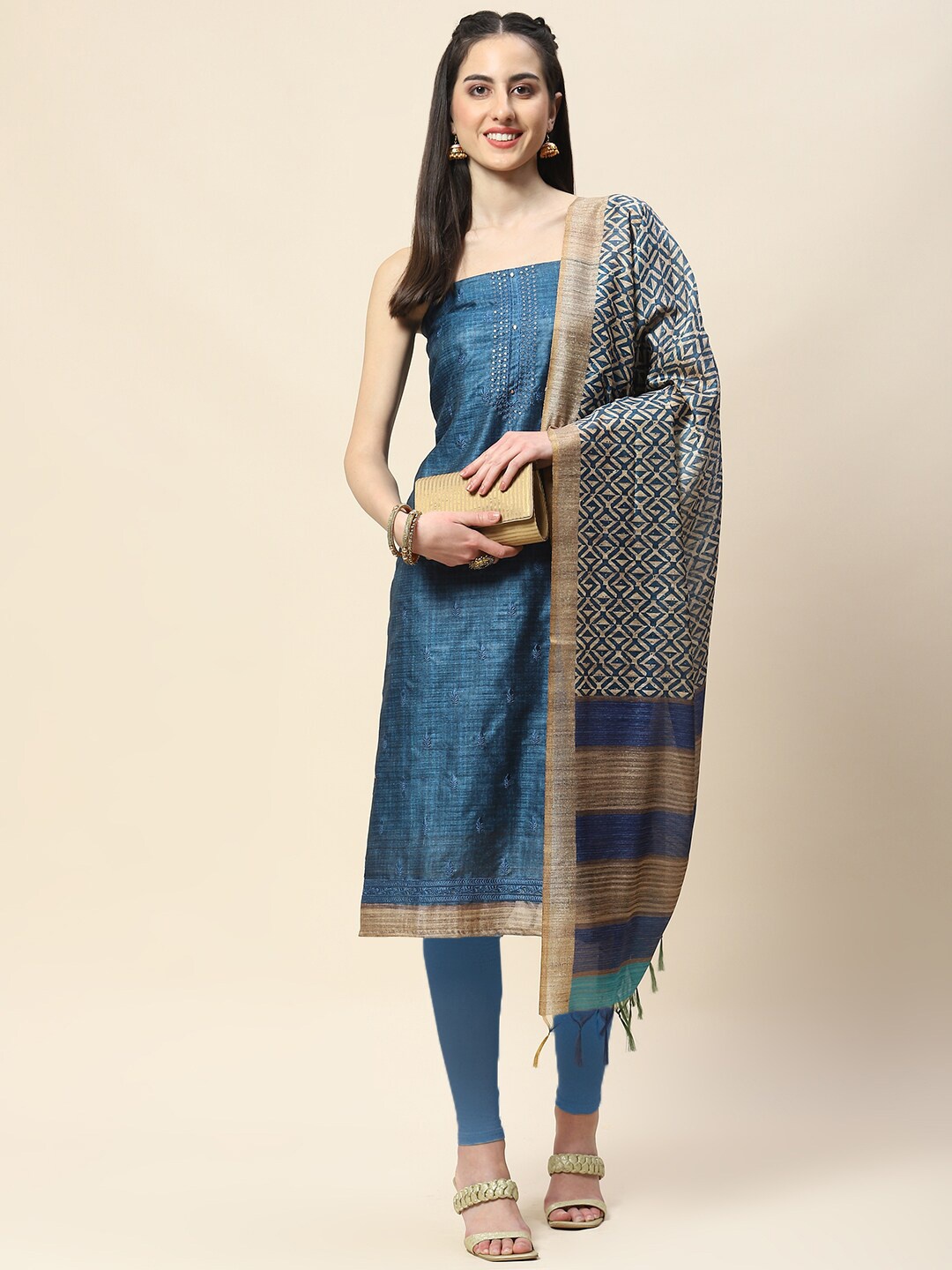 

Meena Bazaar Ethnic Motifs Embroidered Unstitched Dress Material, Blue