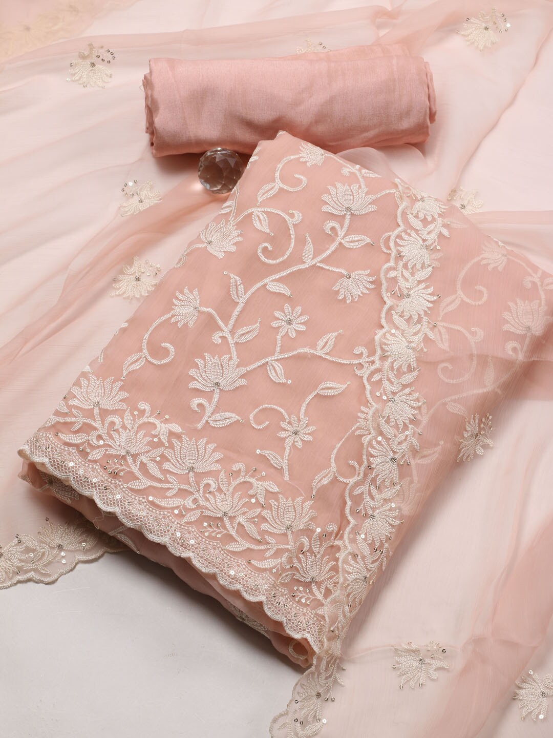 

Meena Bazaar Floral Embroidered Unstitched Dress Material, Peach