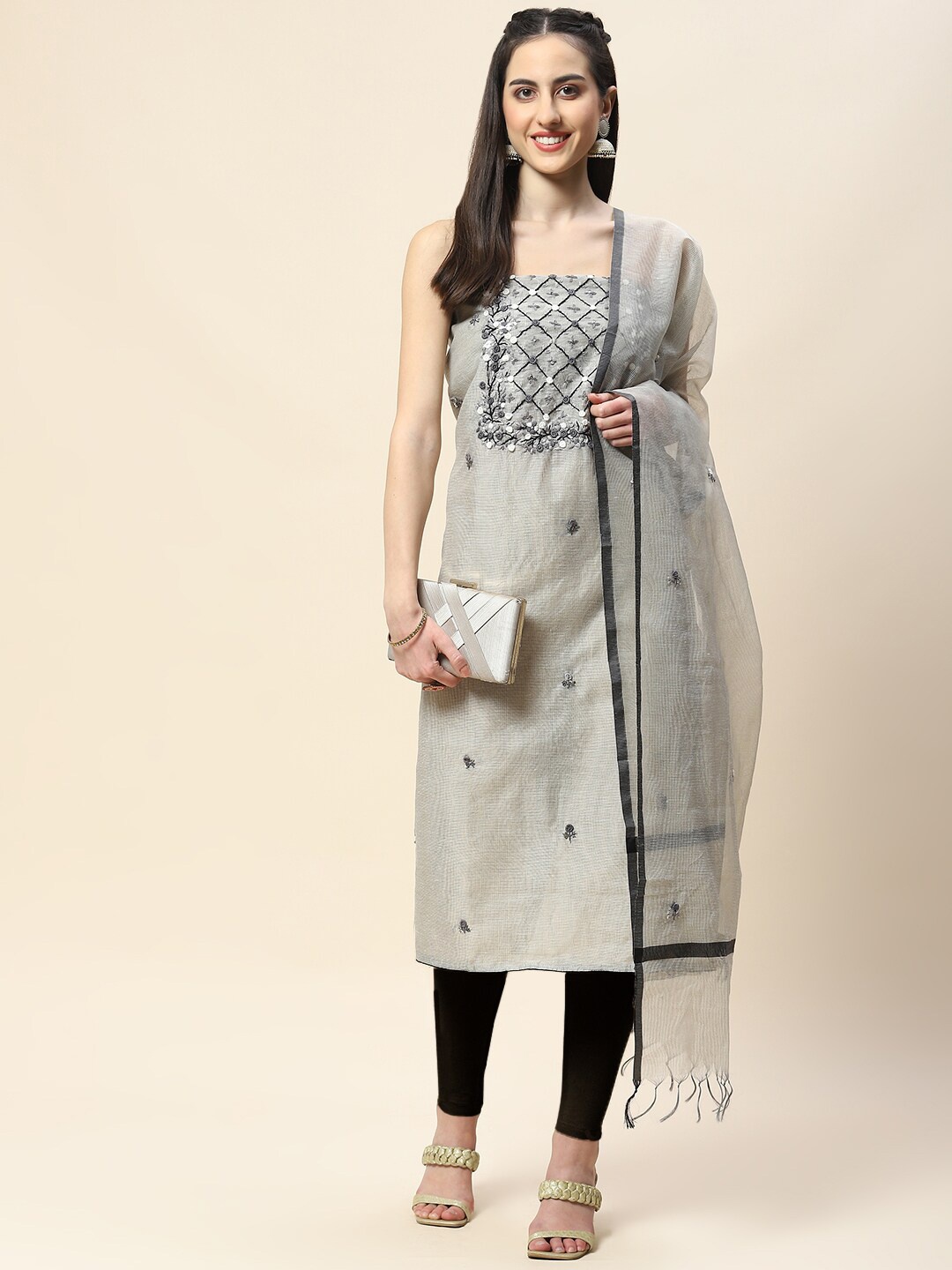 

Meena Bazaar Floral Embroidered Unstitched Dress Material, Grey