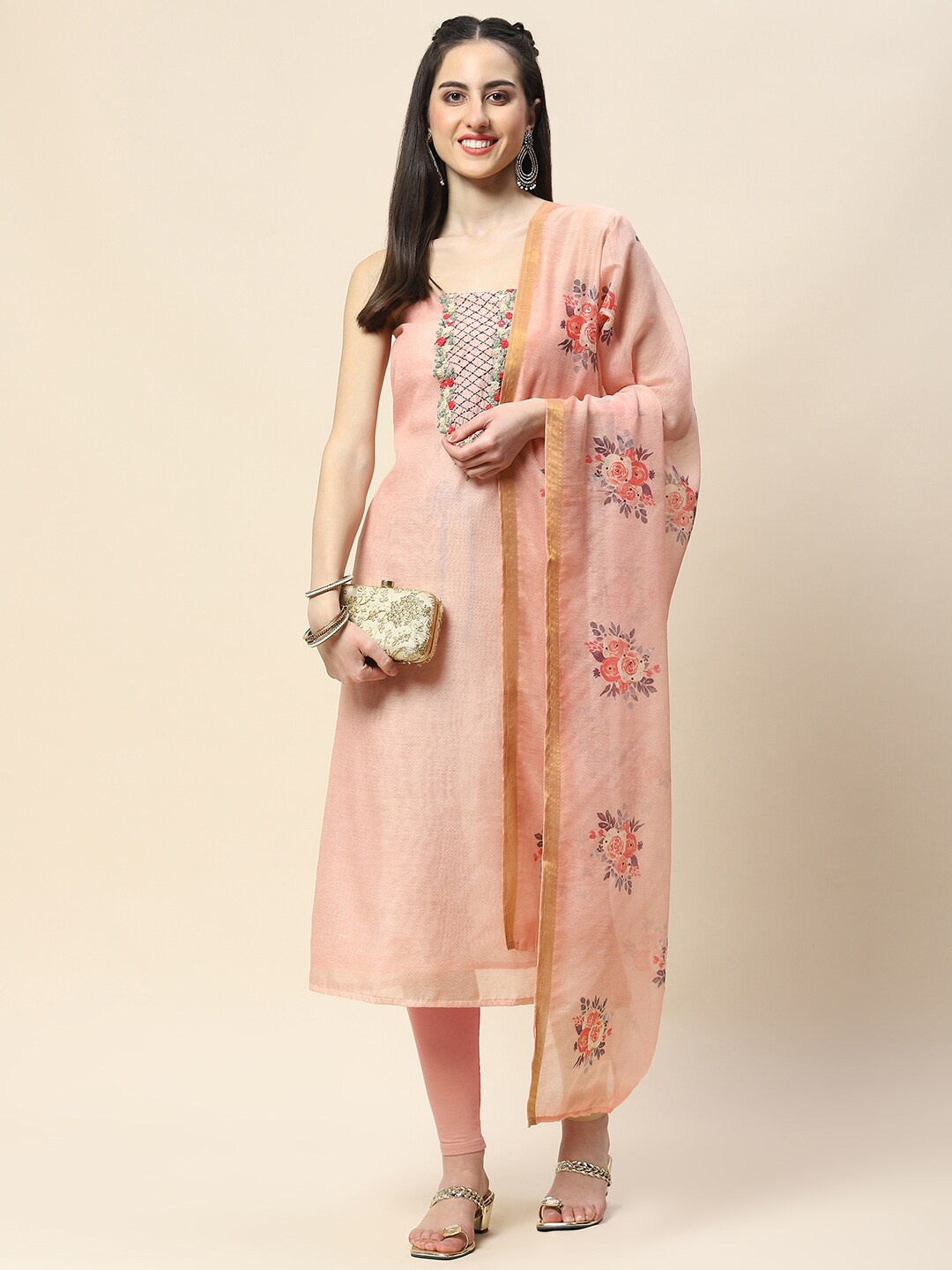 

Meena Bazaar Floral Embroidered Art Silk Unstitched Dress Material, Peach