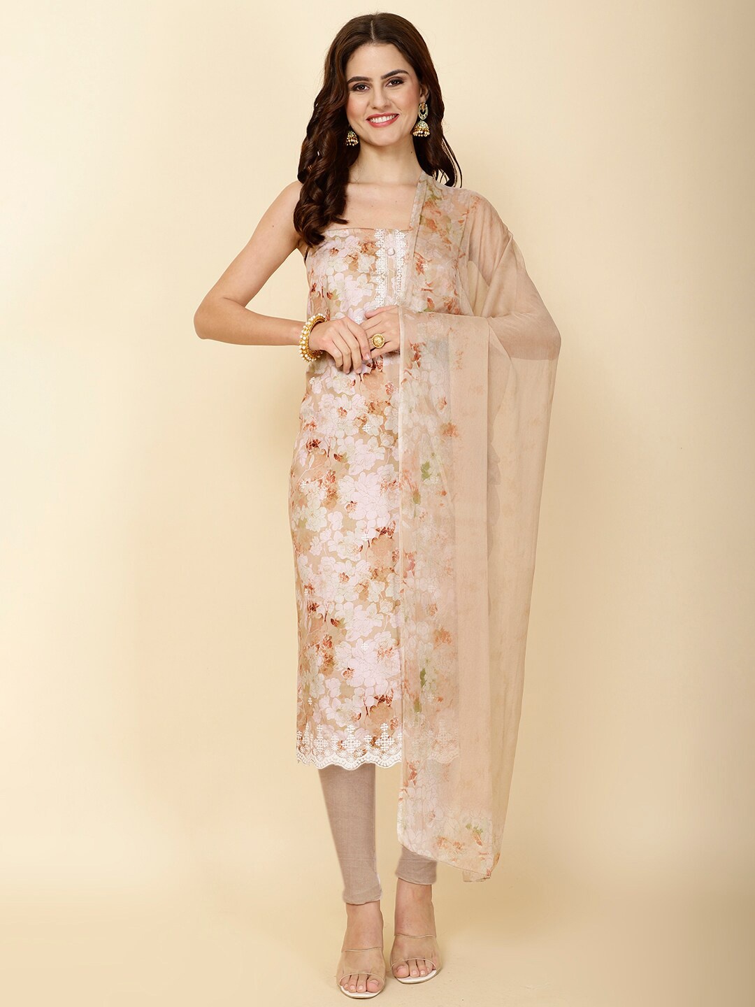 

Meena Bazaar Floral Printed Unstitched Dress Material, Beige