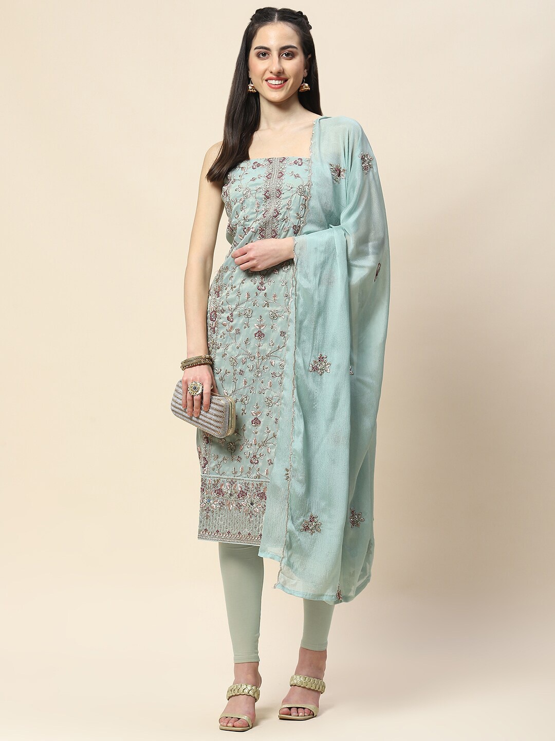 

Meena Bazaar Floral Embroidered Unstitched Dress Material, Sea green