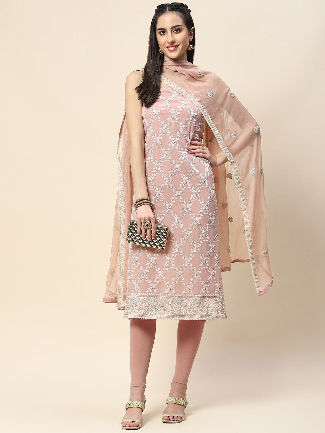 

Meena Bazaar Ethnic Motifs Embroidered Unstitched Dress Material, Pink