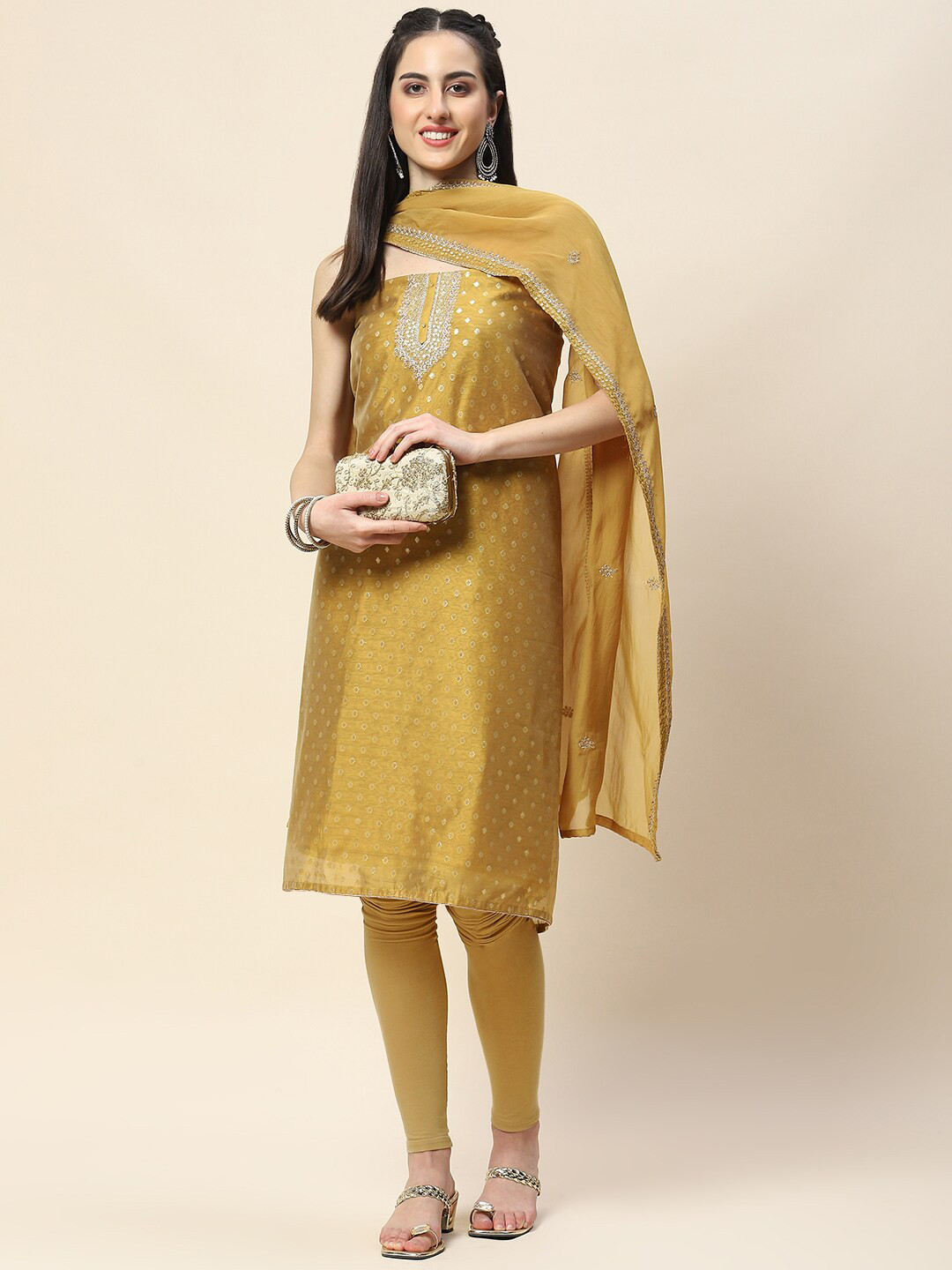 

Meena Bazaar Ethnic Motifs Embroidered Mirror Work Unstitched Dress Material, Mustard