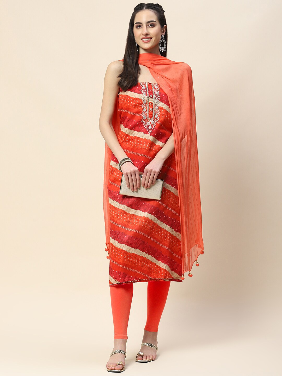 

Meena Bazaar Ethnic Motifs Printed Sequinned Unstitched Dress Material, Orange