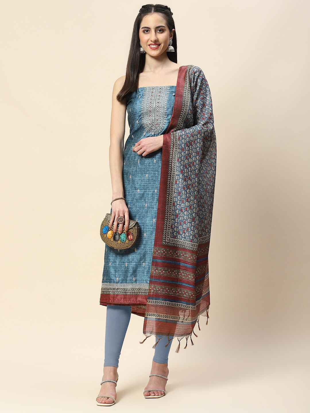 

Meena Bazaar Floral Embroidered Unstitched Dress Material, Grey