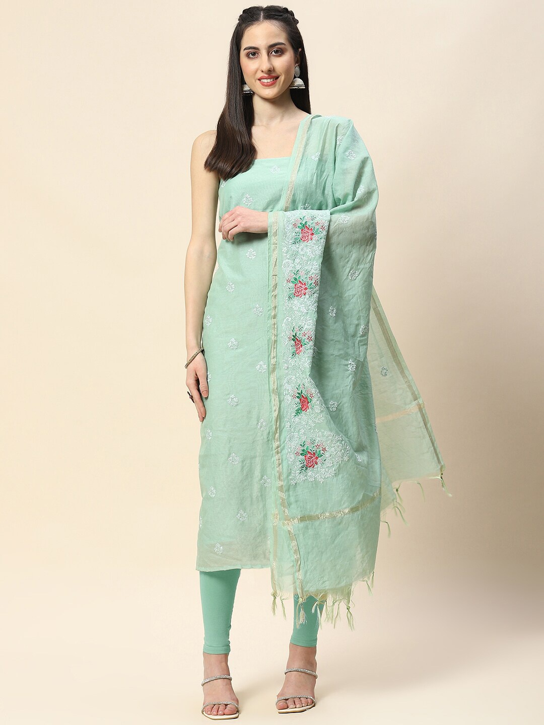 

Meena Bazaar Floral Embroidered Unstitched Dress Material, Sea green