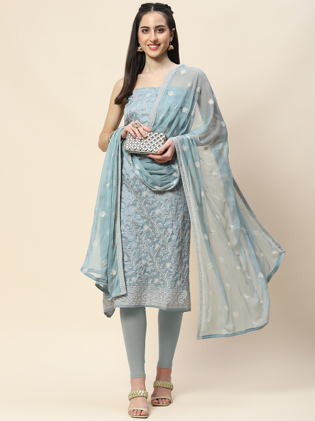 

Meena Bazaar Floral Embroidered Unstitched Dress Material, Grey
