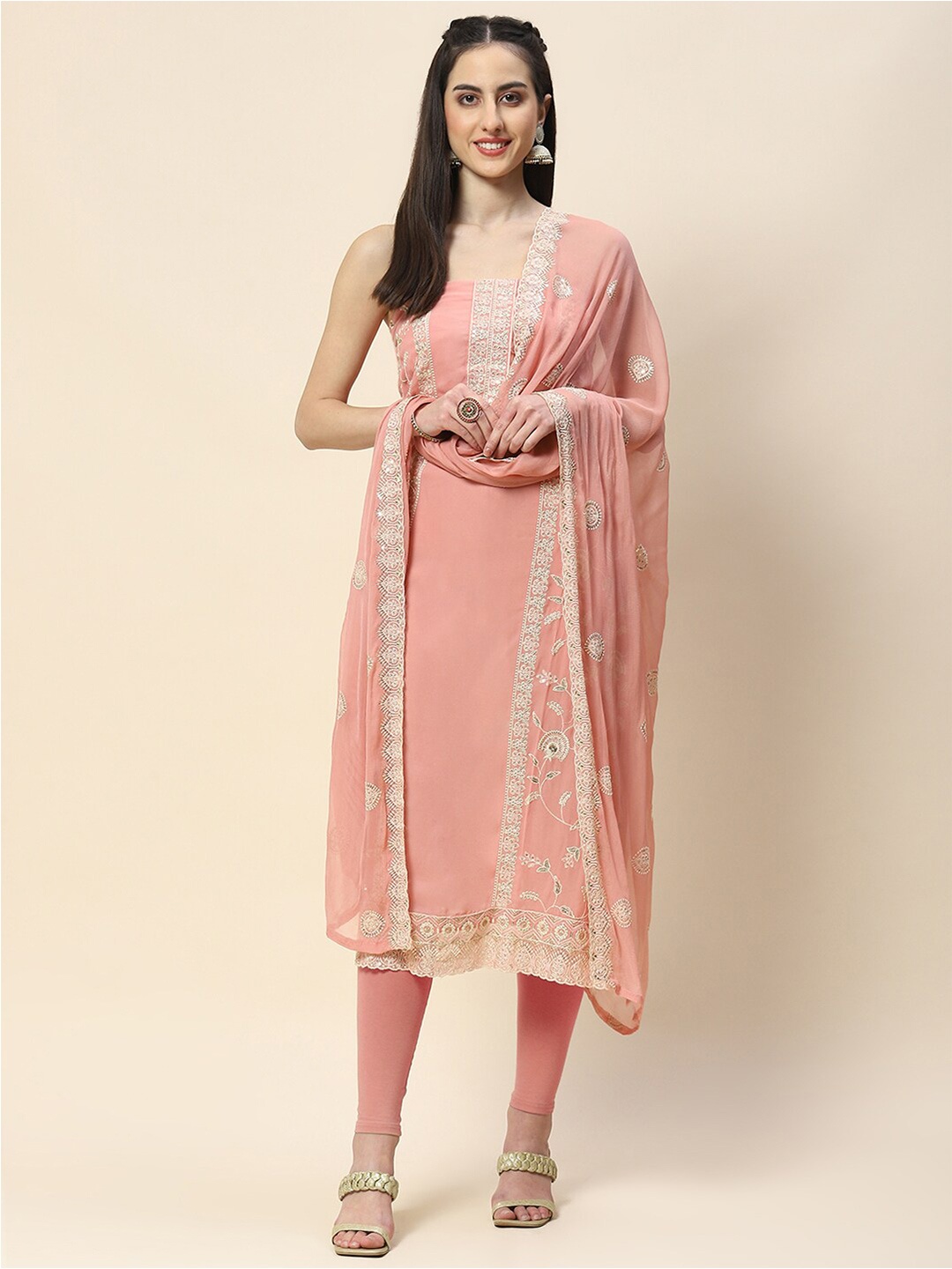 

Meena Bazaar Floral Embroidered Unstitched Dress Material, Peach