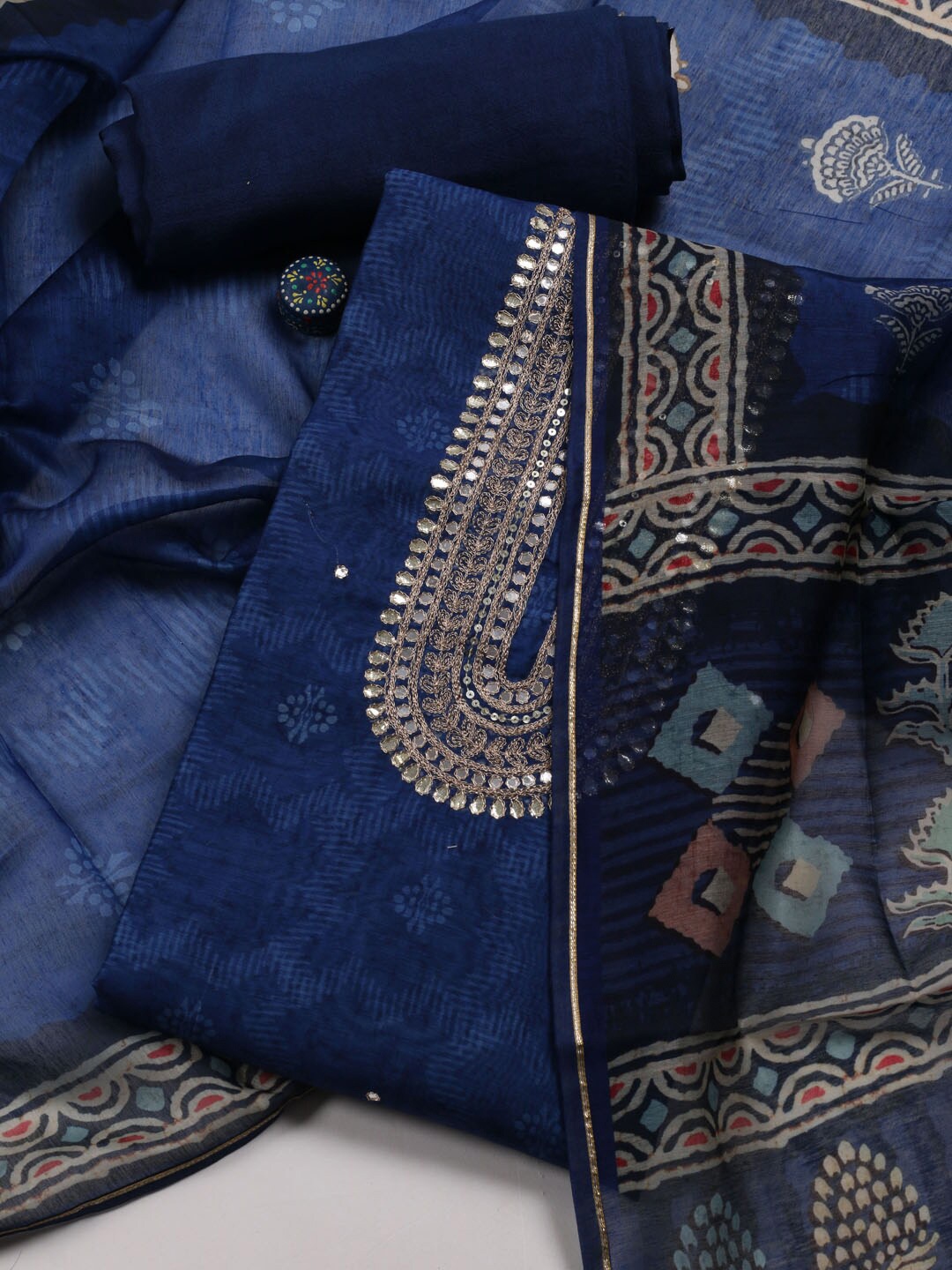 

Meena Bazaar Ethnic Motifs Printed Unstitched Dress Material, Blue