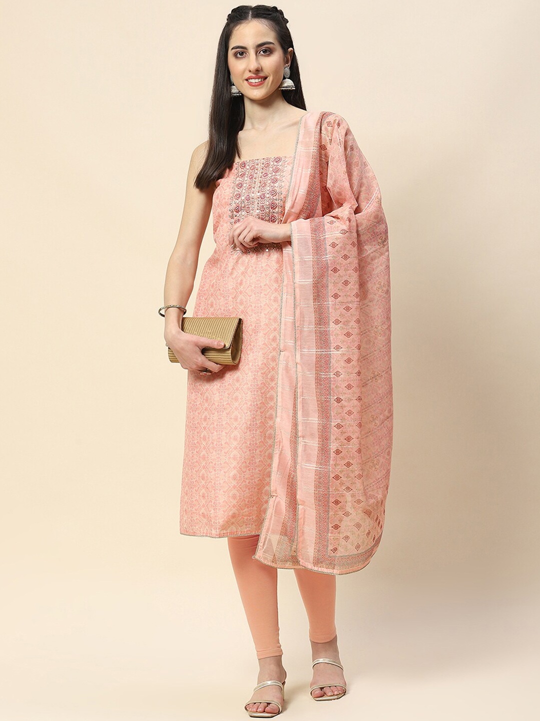 

Meena Bazaar Geometric Printed Sequinned Unstitched Dress Material, Peach