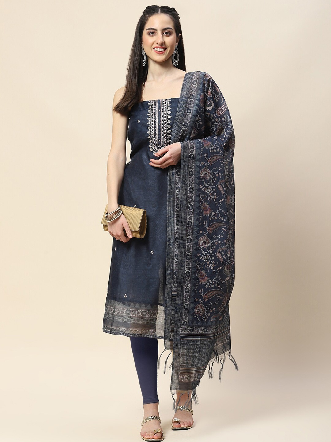 

Meena Bazaar Floral Embroidered Sequinned Art Silk Unstitched Dress Material, Navy blue
