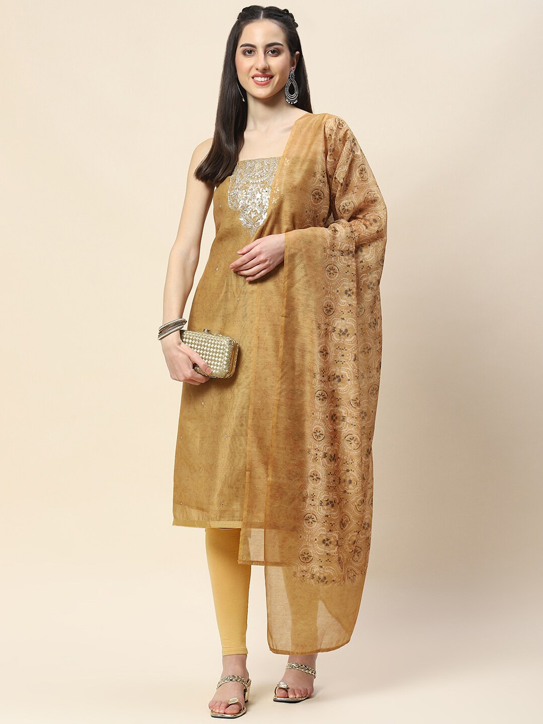 

Meena Bazaar Ethnic Motifs Embroidered Unstitched Dress Material, Mustard