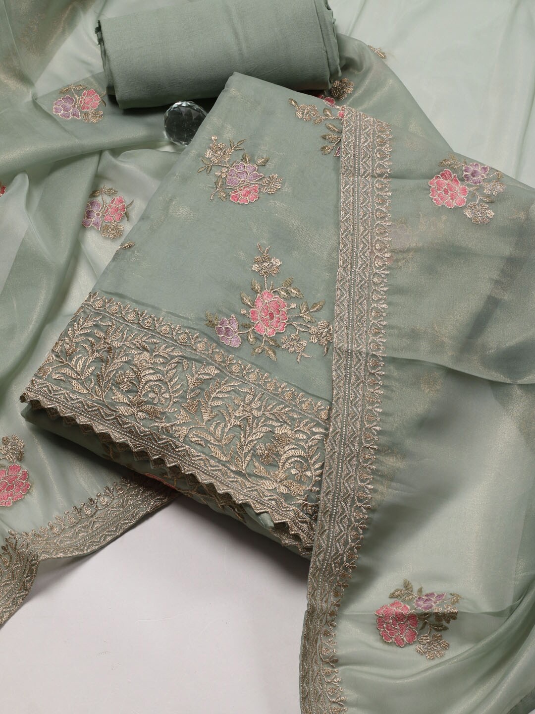 

Meena Bazaar Floral Embroidered Unstitched Dress Material, Green