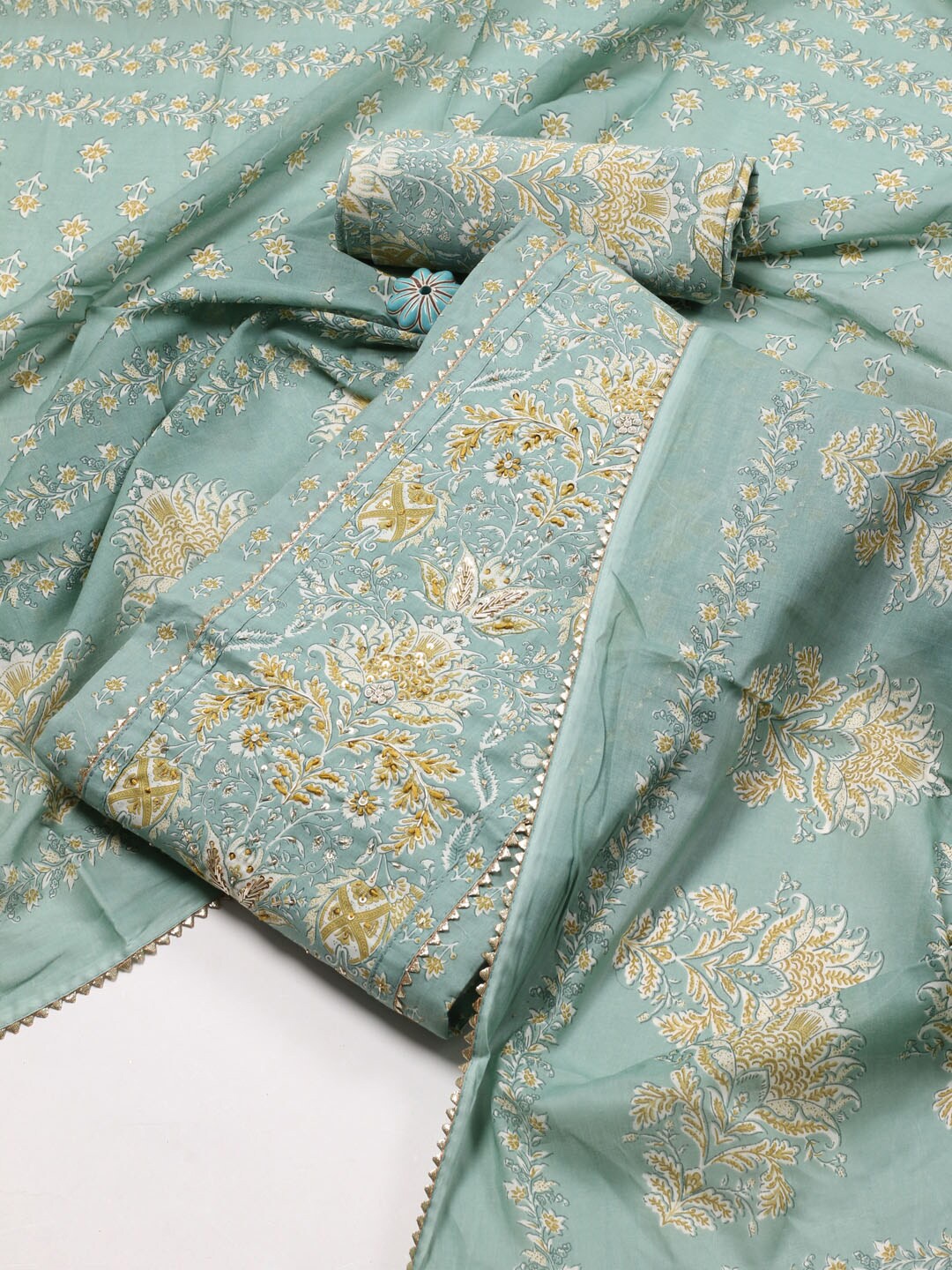 

Meena Bazaar Floral Printed Unstitched Dress Material, Sea green