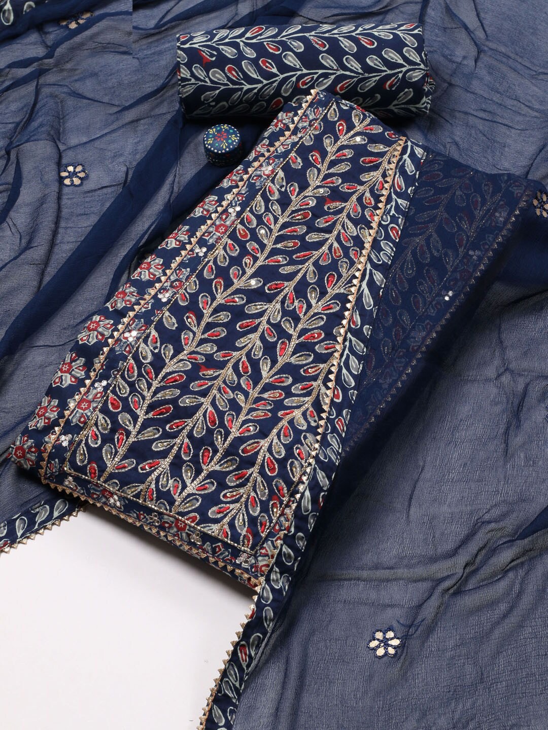 

Meena Bazaar Floral Embroidered Sequinned Unstitched Dress Material, Navy blue