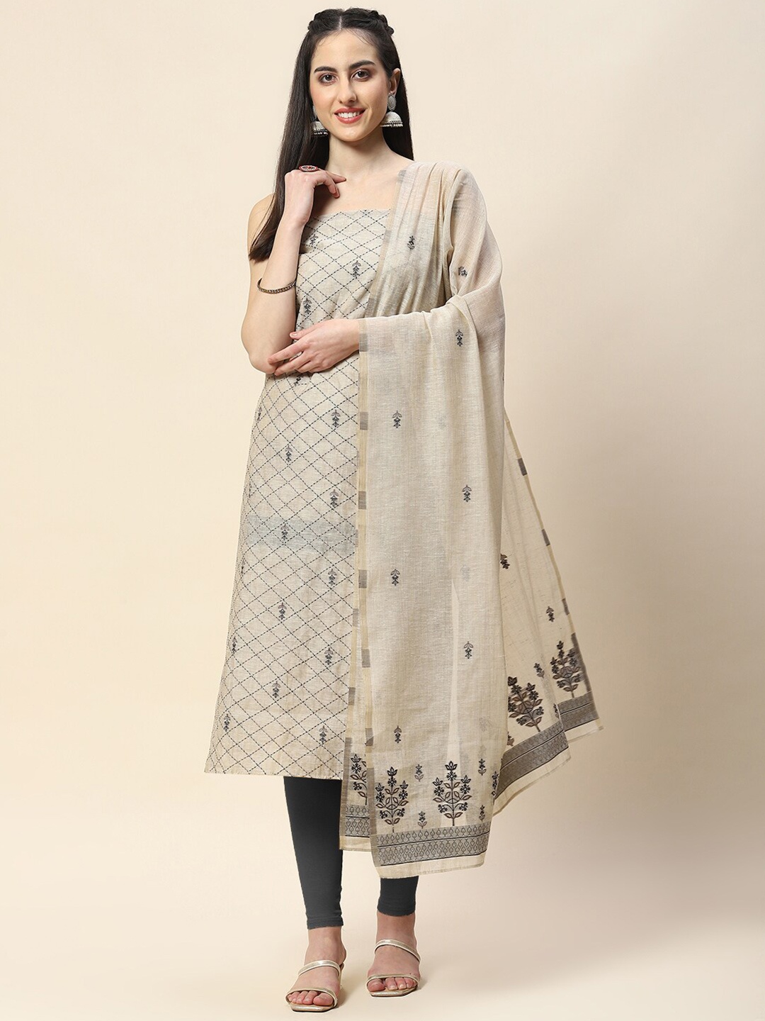 

Meena Bazaar Geometric Embroidered Unstitched Dress Material, Beige
