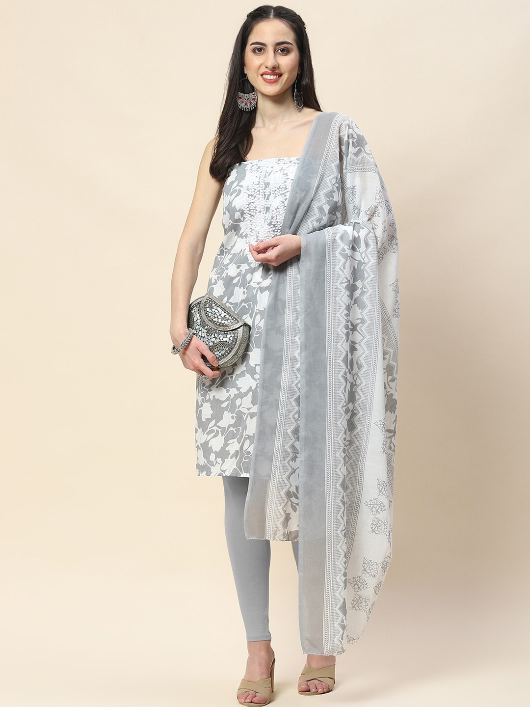 

Meena Bazaar Floral Printed Thread Work Unstitched Dress Material, Grey