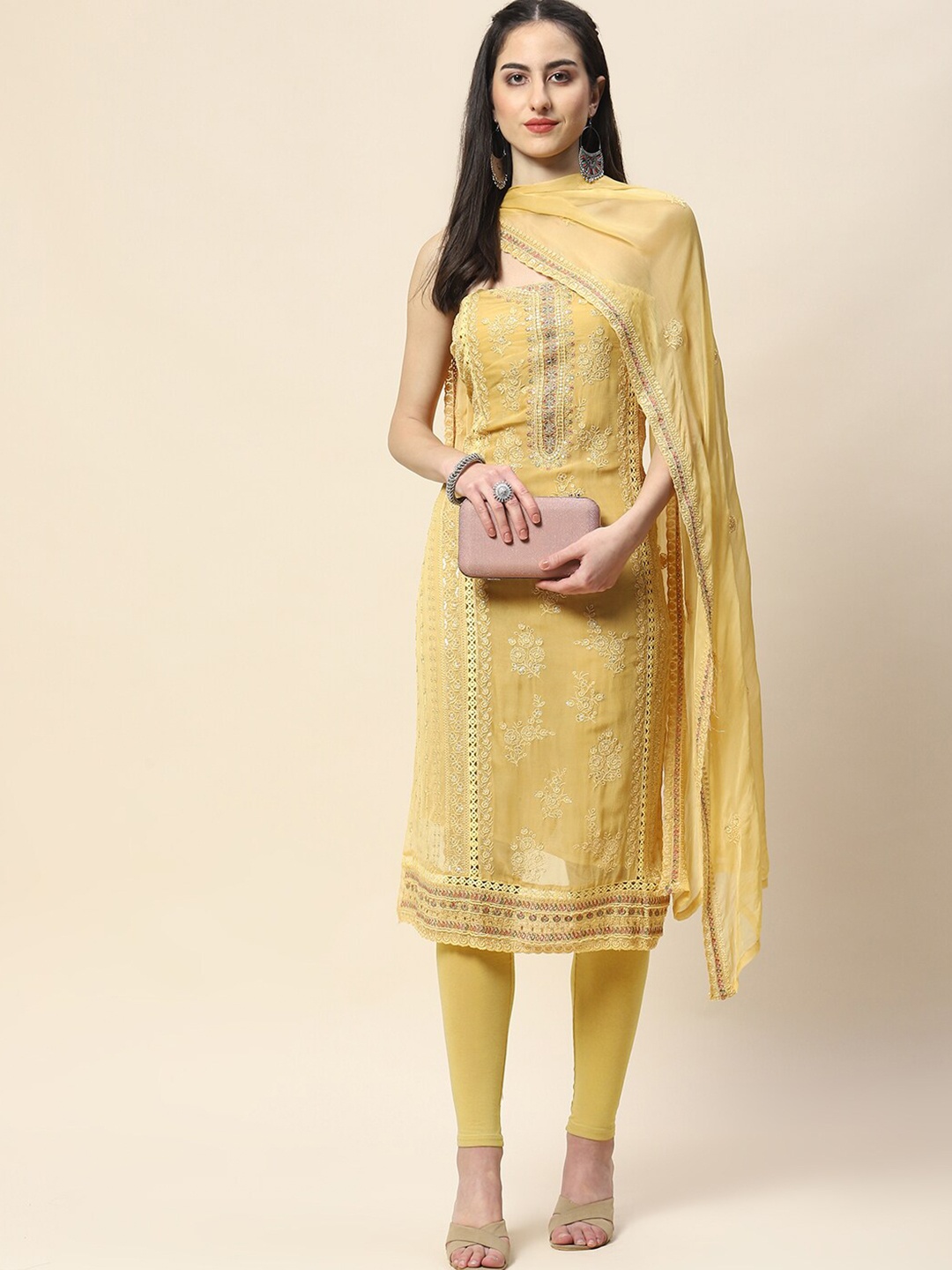 

Meena Bazaar Floral Embroidered Sequinned Unstitched Dress Material, Yellow
