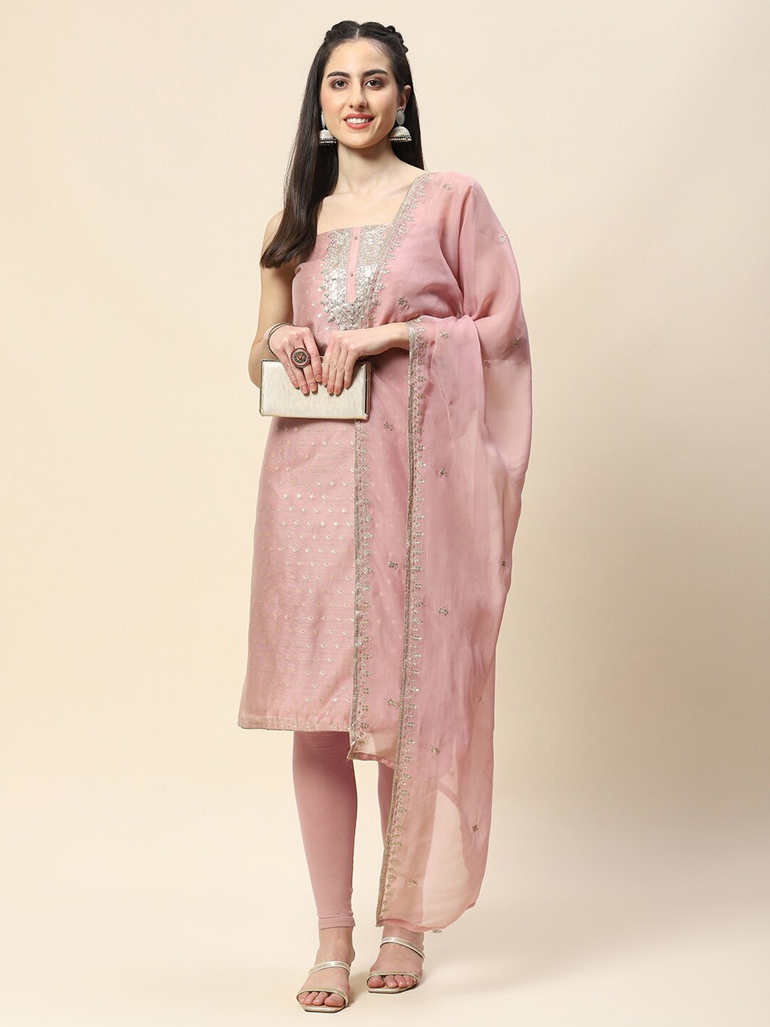 

Meena Bazaar Floral Woven Design Sequinned Unstitched Dress Material, Pink