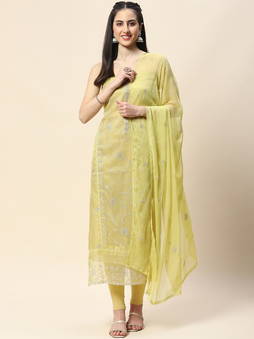 

Meena Bazaar Floral Embroidered Sequinned Unstitched Dress Material, Lime green
