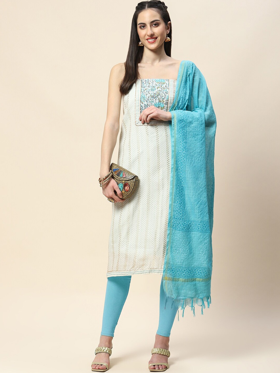 

Meena Bazaar Floral Woven Design Unstitched Dress Material, Cream