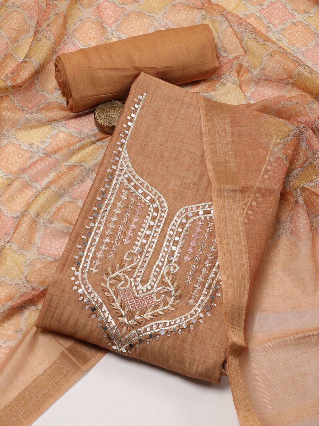 

Meena Bazaar Floral Embroidered Mirror Work Unstitched Dress Material, Beige
