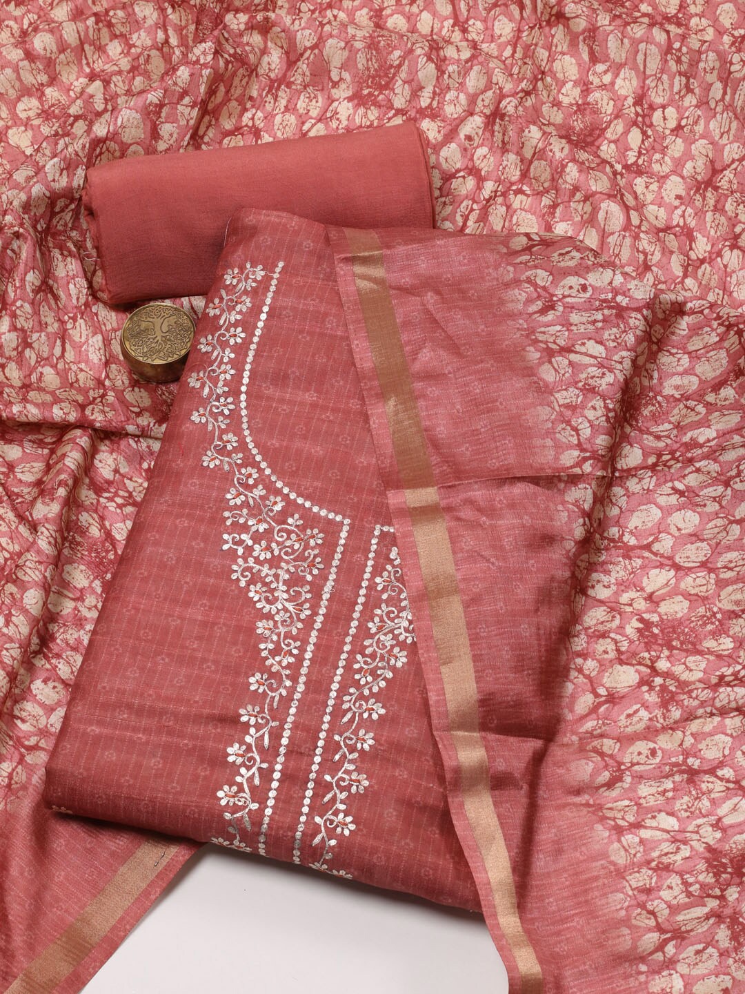 

Meena Bazaar Floral Printed Thread Work Art Silk Unstitched Dress Material, Rust